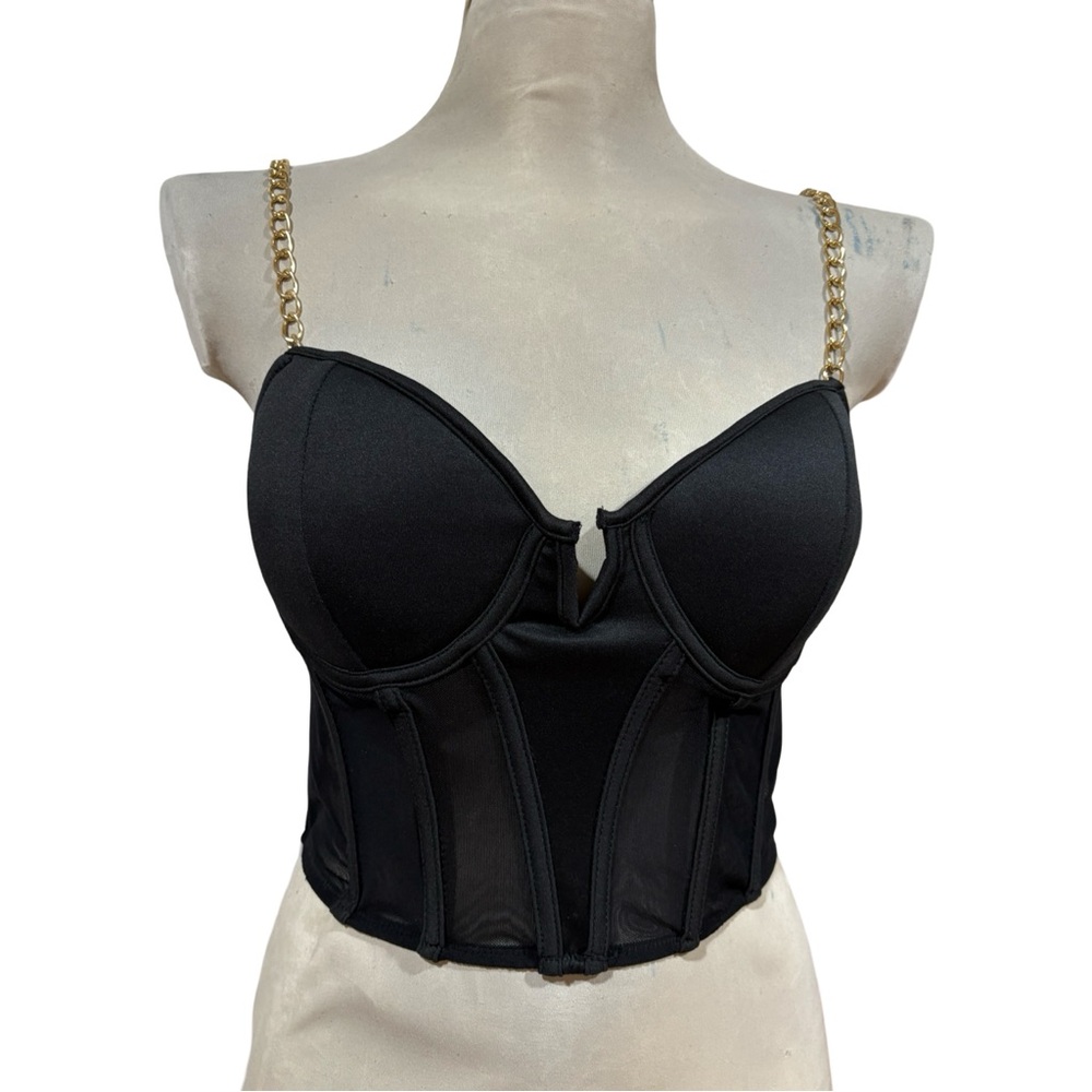 Black & Gold Chain Spaghetti Strap Corset Crop Top Bustier Y2K Underwire Cups